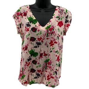Bayla Jane Silk Blouse WMNS S Pink Floral Splatter Short Sleeve V-Neck Pullover